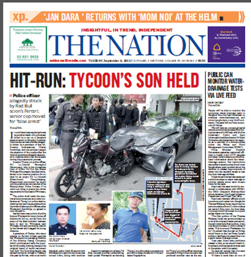 L’héritier de la famille Red Bull (“Boss”) reste intouchable 3 - thailande-fr La Une du quotidien thaïlandais The Nation au lendemain de l'accident